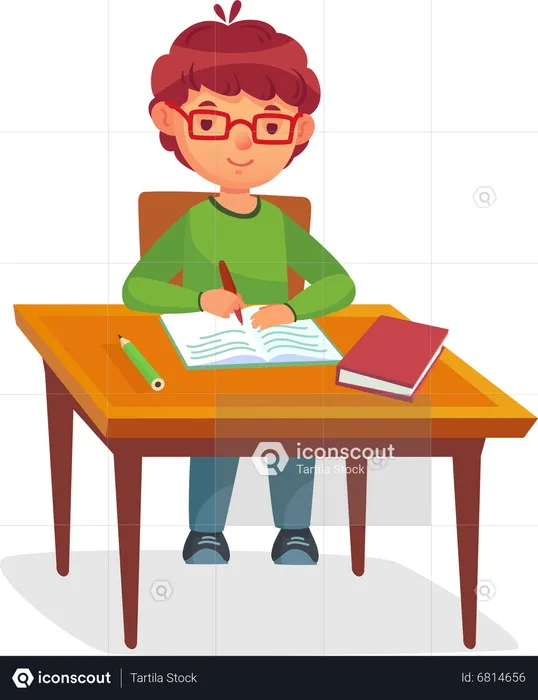 Schoolboy in glasses sits at desk  Illustration