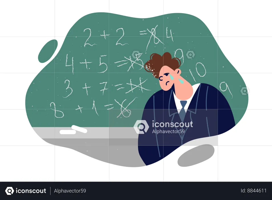 Schoolboy is crying standing near blackboard  Illustration