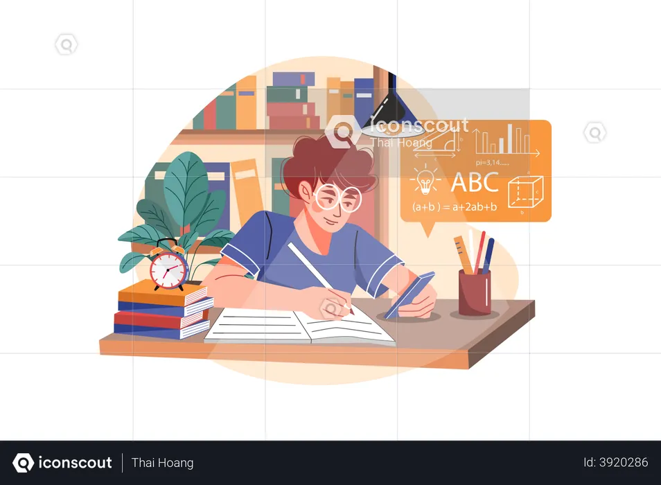 Schoolboy learning online course on mobile  Illustration