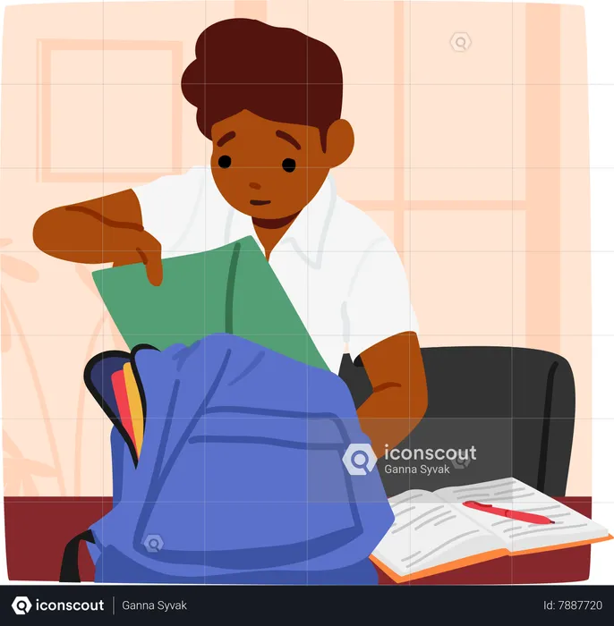 Schoolboy Places Things Into His Bag  Illustration