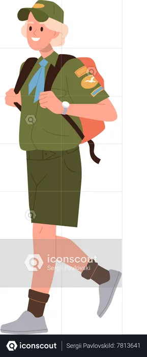 Schoolboy scout in uniform carrying backpack walking  Illustration