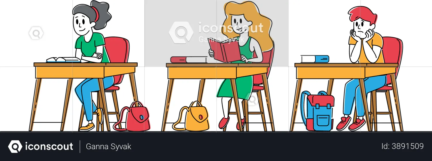 Schoolboys and Schoolgirls Getting Knowledges in Classroom  Illustration