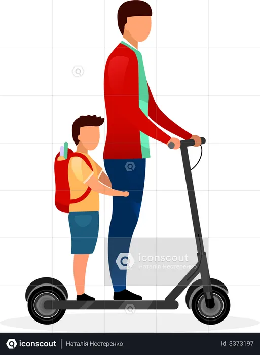 Schoolchildren riding scooter together  Illustration