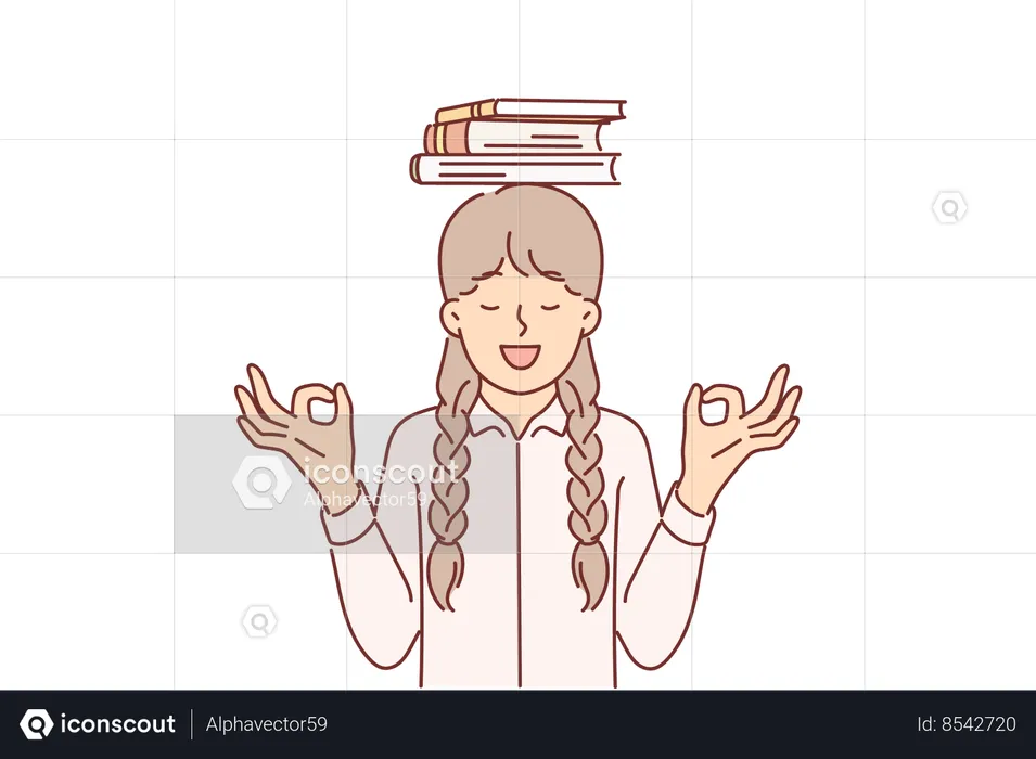 Schoolgirl meditating standing with books and making akasha mudra gesture  Illustration