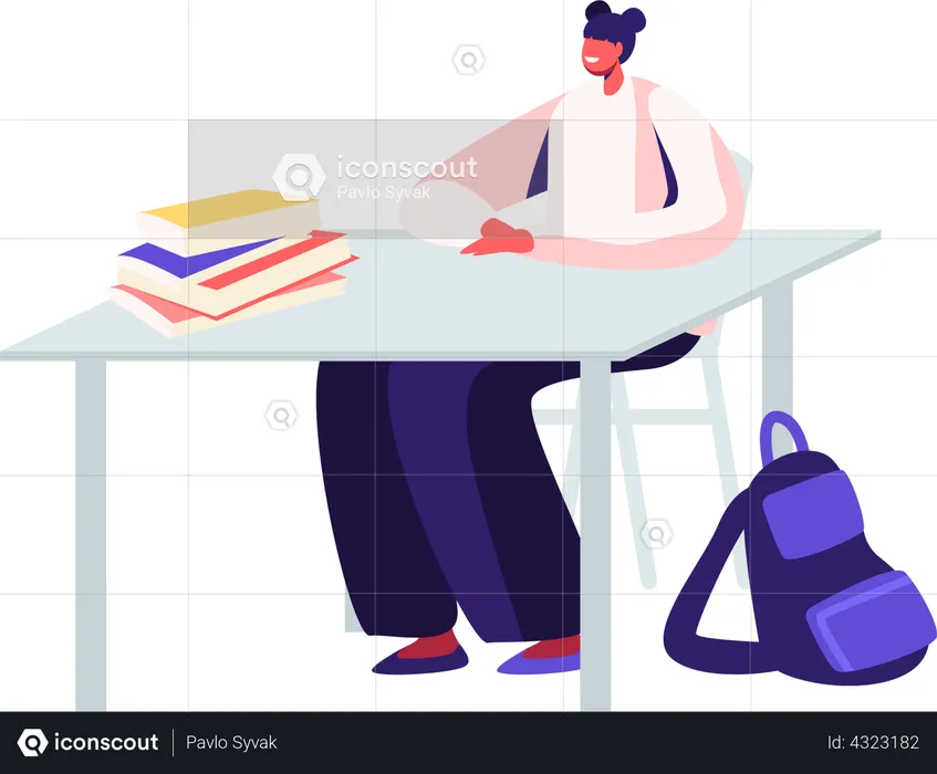 Schoolgirl Sitting at Desk with Textbooks and Backpack  Illustration