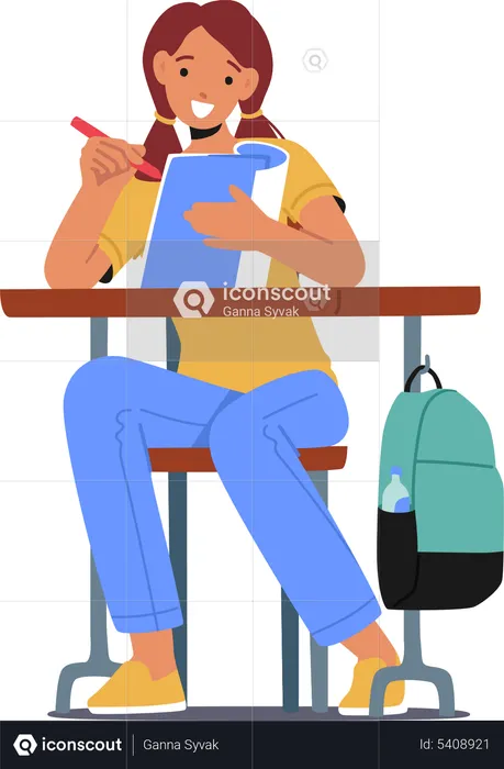 Schoolgirl Sitting at Desk Writing in Notebook during Lesson. Little Kid Student in Classroom, Back to School  Illustration