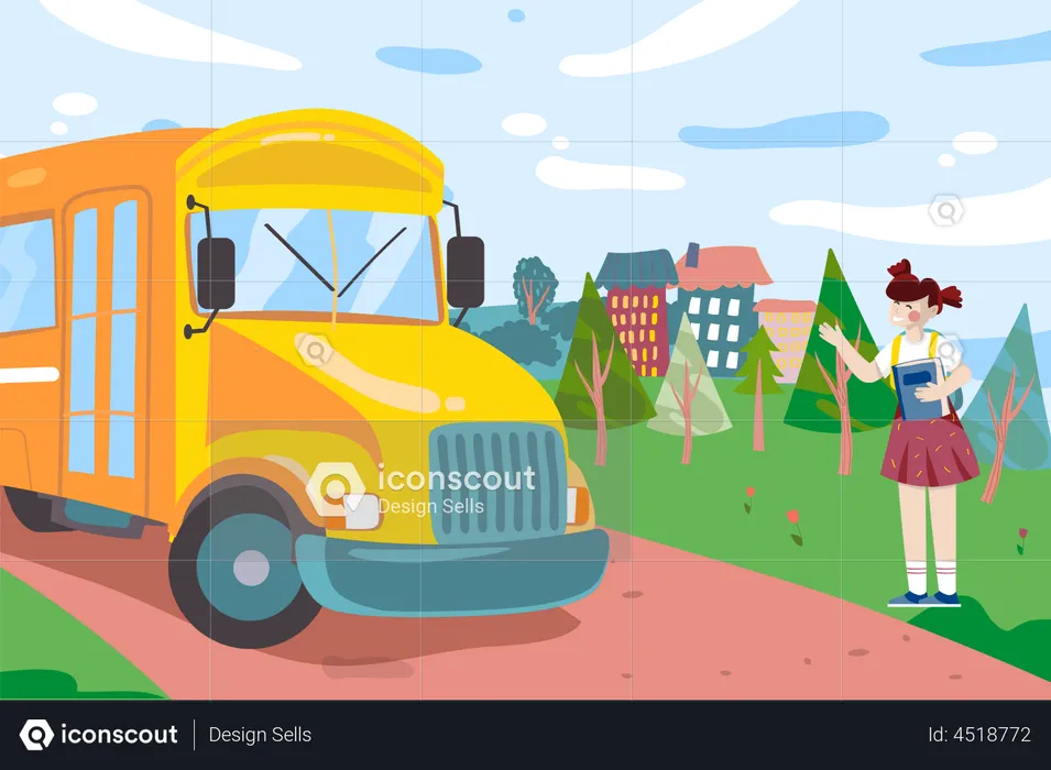 Schoolgirl stands at stop at school bus  Illustration
