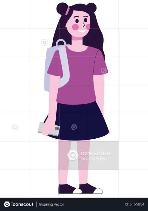 Schoolgirl with backpack and mobile  Illustration