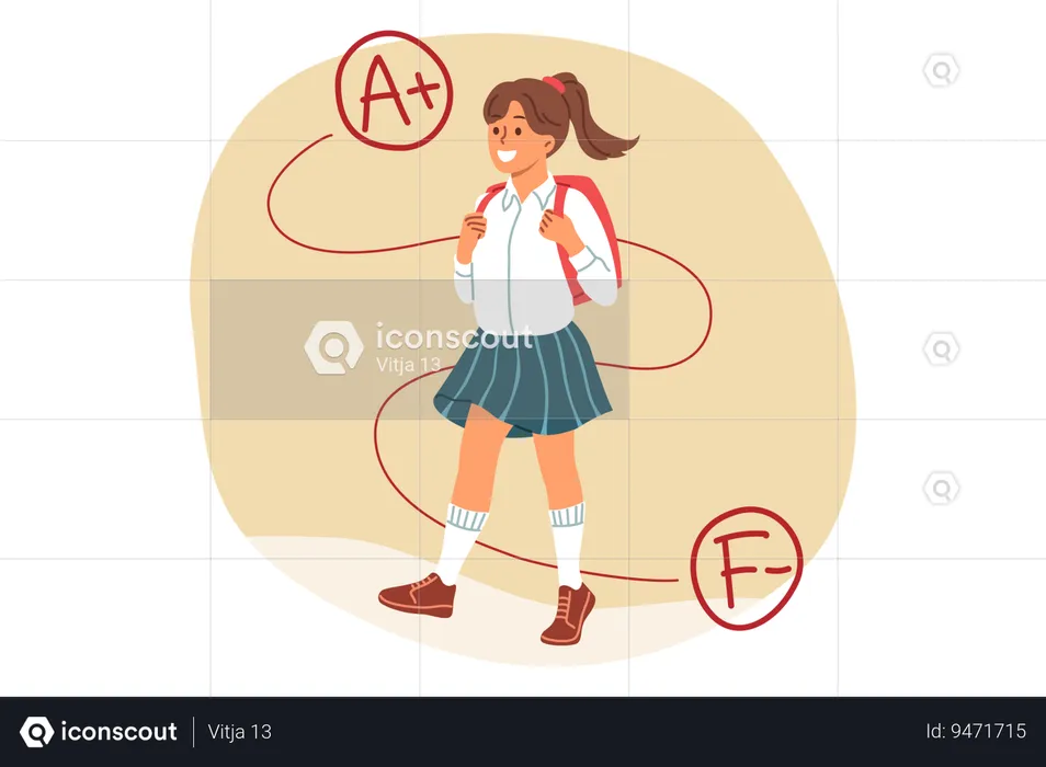 Schoolgirl with backpack runs to school with smile rejoicing at increase positive marks  Illustration