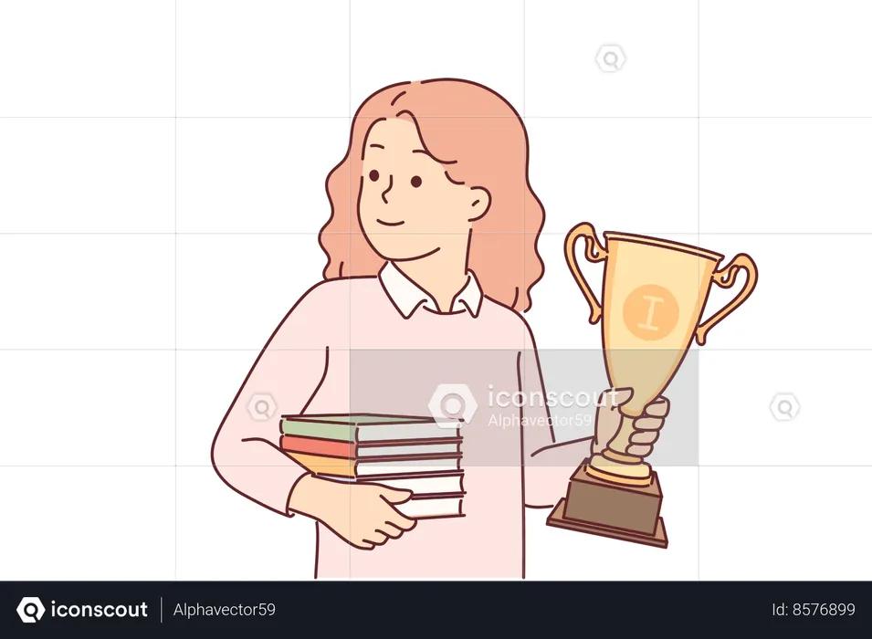 Schoolgirl with trophy gold cup and books in hands  Illustration
