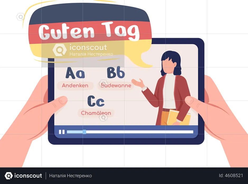 Student lernt Deutsch online mit professionellem Lehrer  Illustration