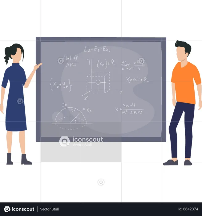 Student unterrichtet Mathematik an der Tafel  Illustration