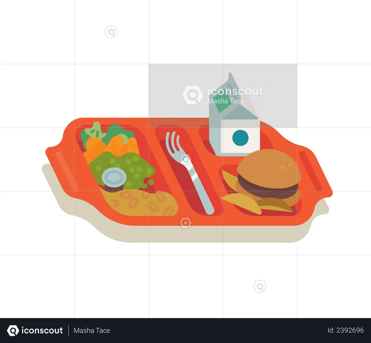 Schulmahlzeit mit rotem Plastiktablett gefüllt mit Lebensmitteln für Schulkinder, darunter Milch, Gemüse, Pommes Frites und Hamburger  Illustration