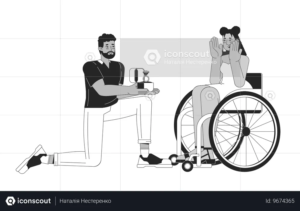 Schwarzer Mann macht behinderter Hispanoamerikanerin einen Heiratsantrag  Illustration