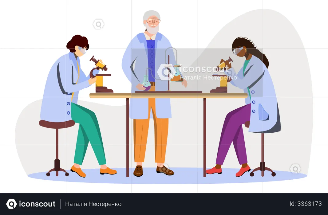 Science Students And Professor In Lab Coats  Illustration