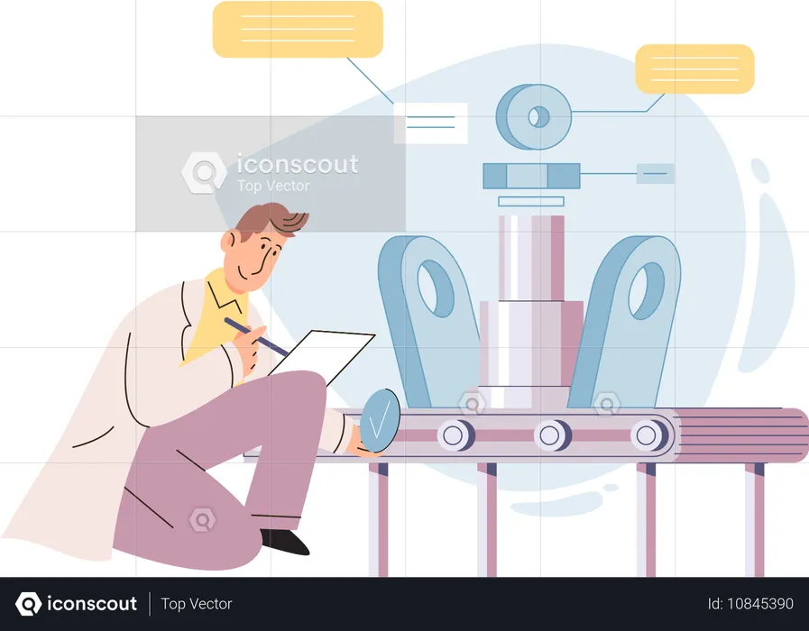 Un scientifique travaille avec un convoyeur industriel  Illustration