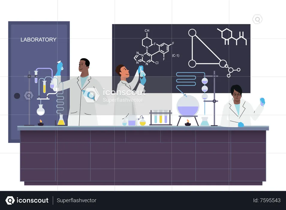 Scientifiques faisant des expériences chimiques en laboratoire  Illustration