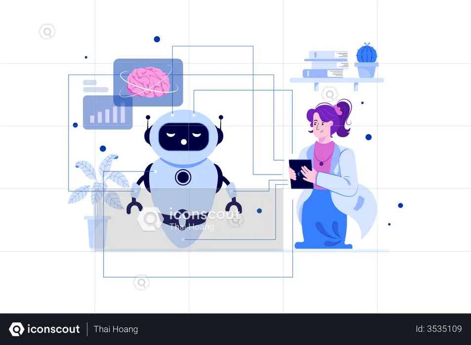 Scientist analyzing chat bot for bugs and issues  Illustration
