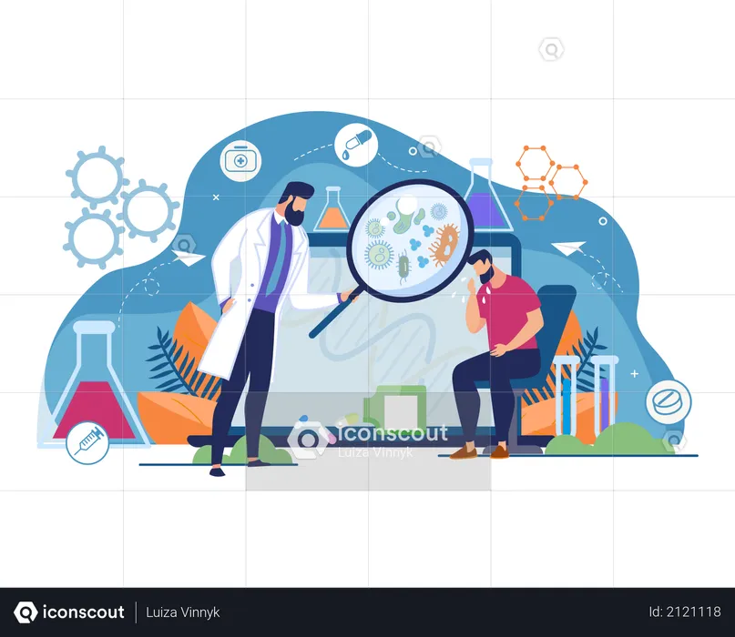 Scientist and medical assistant researching about virus and bacteria  Illustration