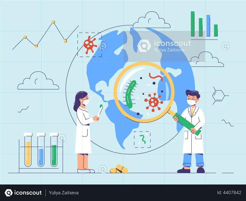 Scientist and medical assistant researching about virus and bacteria  Illustration