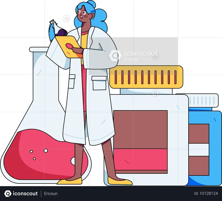 科学者がビーカーで化学実験を実施  イラスト