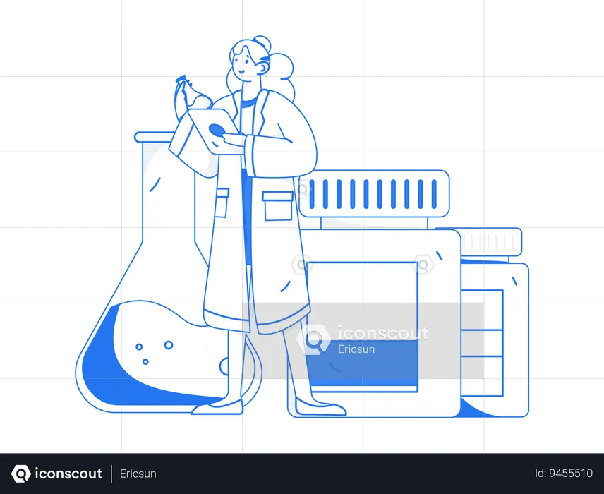 Scientist carries out chemical tests in beaker  Illustration