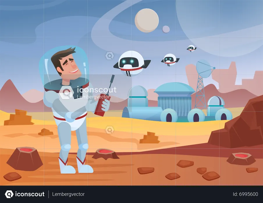 Scientist controlling flying bots at space camp  Illustration
