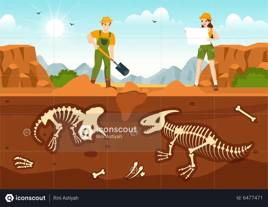 Scientist digging soil to evacuate dinosaur fossils  Illustration