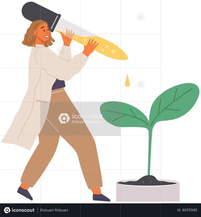 Scientist Dropping Chemical On Plant  Illustration