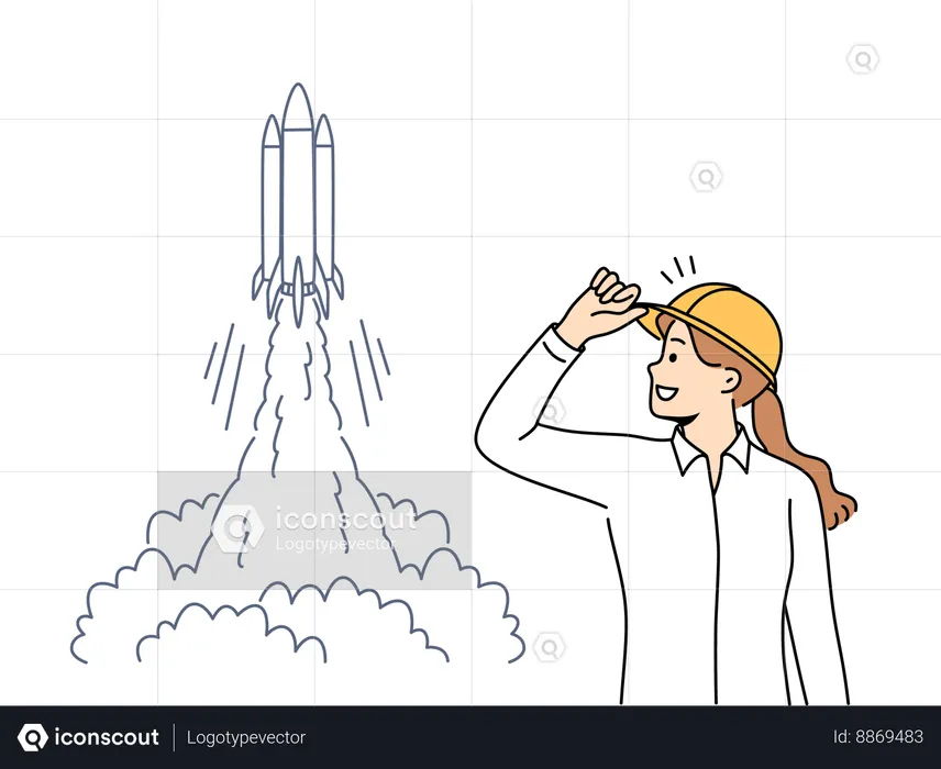 Scientist girl is proud of rocket launch event  Illustration