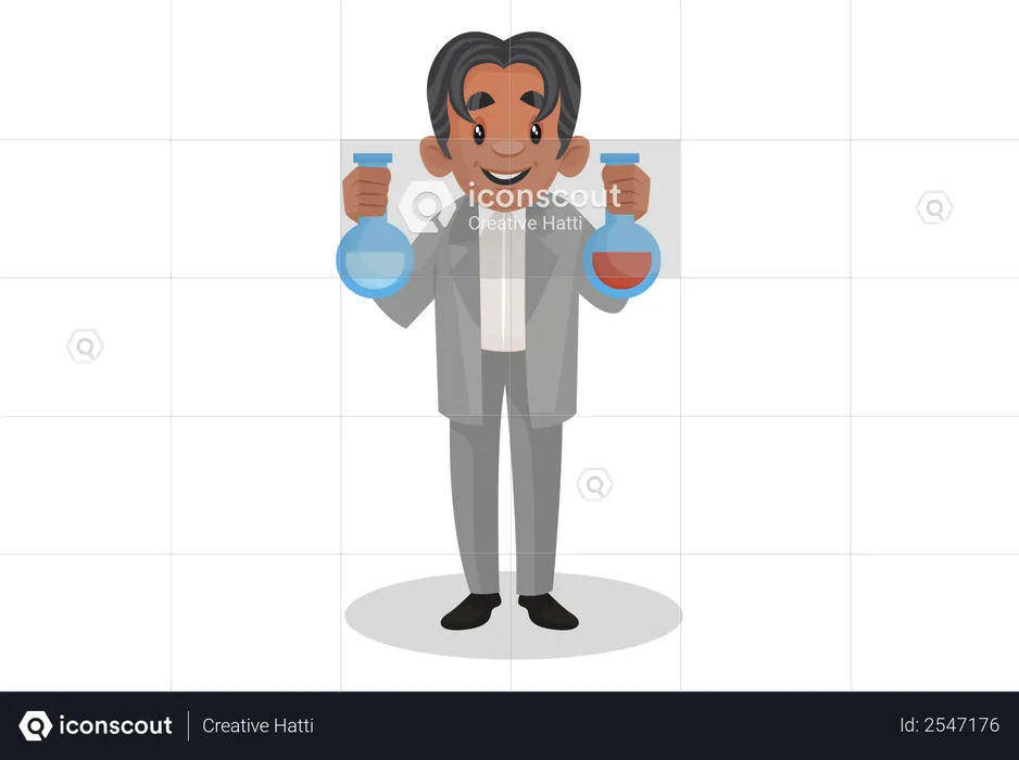 Scientist holding chemical flask in hands  Illustration