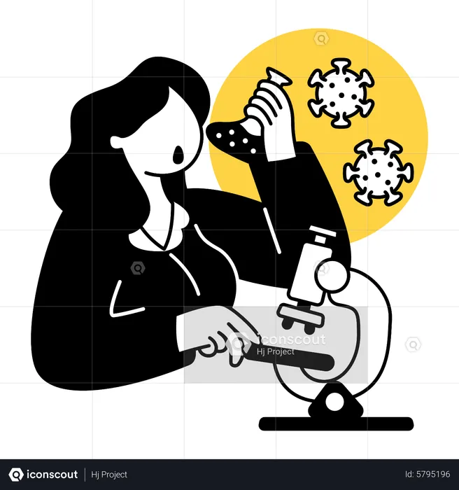 Scientist holding test tube and analyzing virus with microscope  Illustration