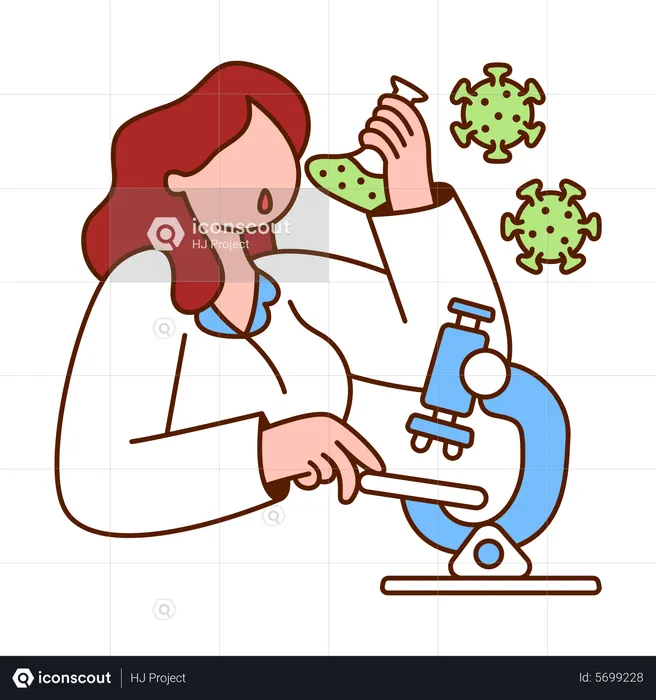 Scientist holding test tube and analyzing virus with microscope  Illustration