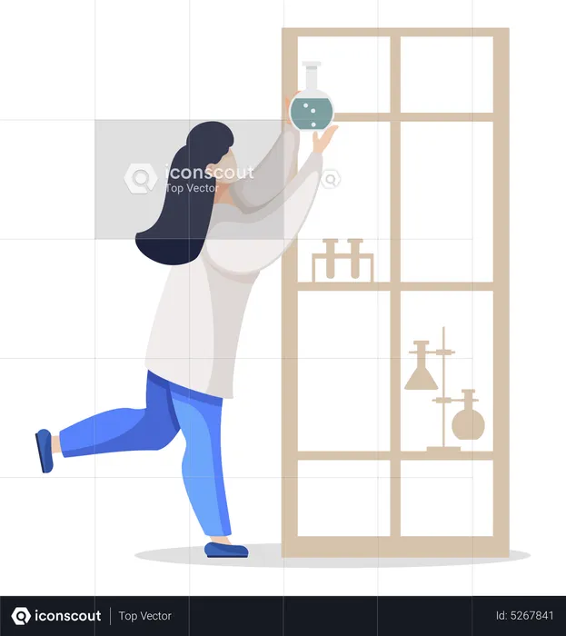 Scientist in Laboratory Reaching Shelf Top Vector  Illustration