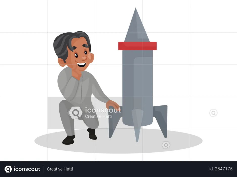 Scientist looking at the rocket and thinking  Illustration