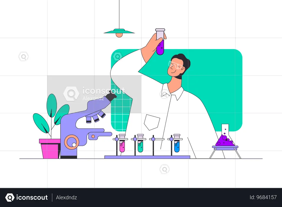 Scientist making researches and experiment at lab flask  Illustration
