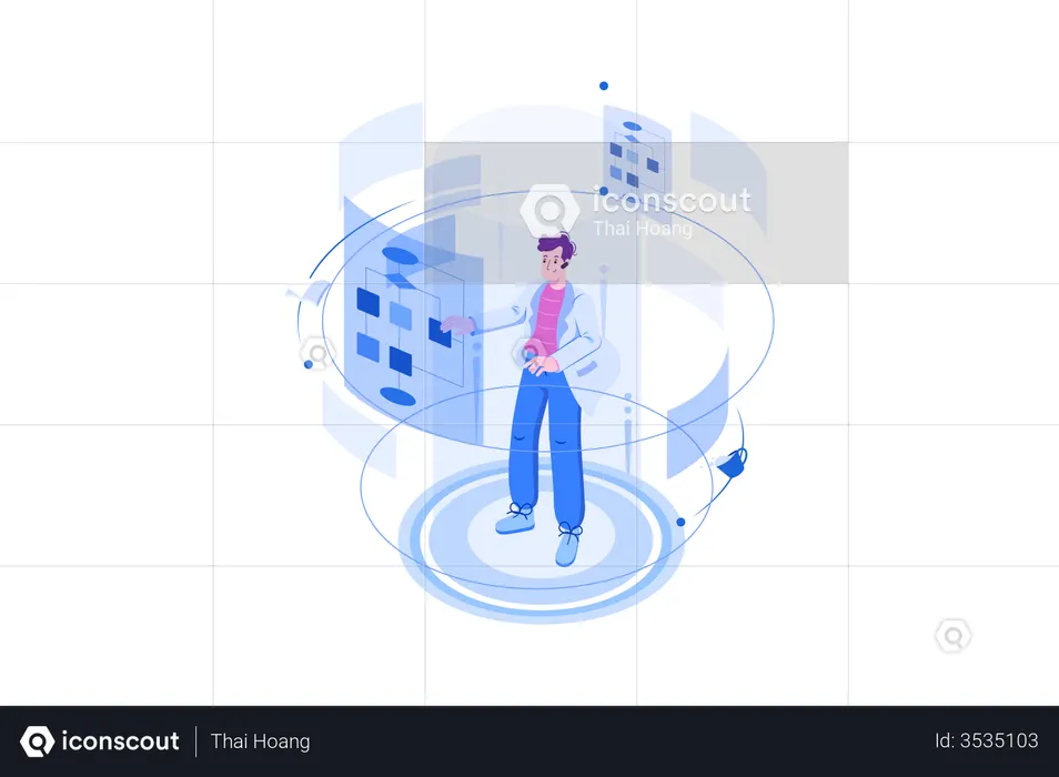 Scientist programming flowchart algorithm  Illustration