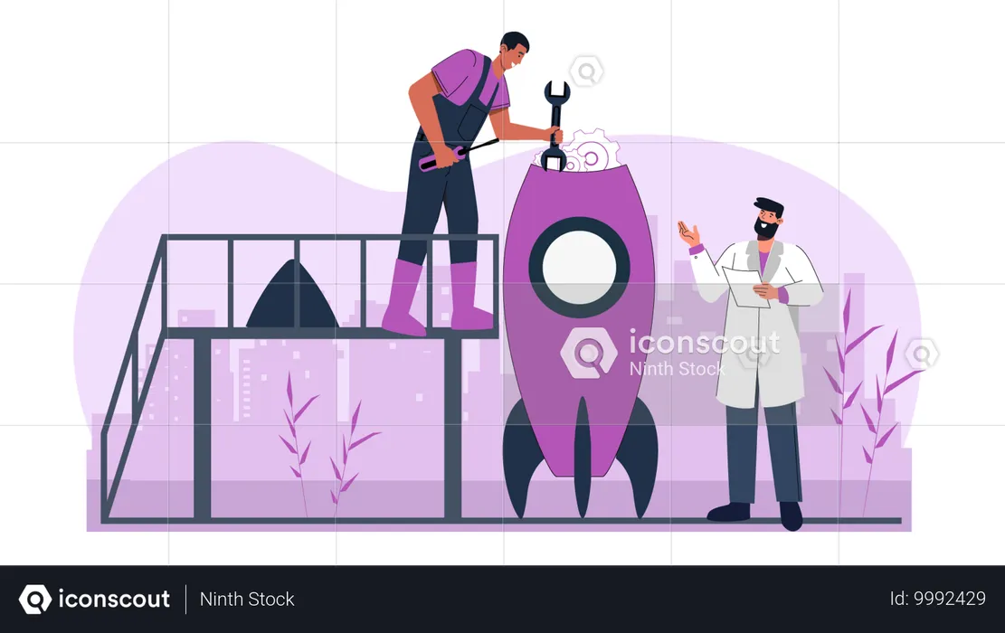 Scientist repairing rocket  Illustration