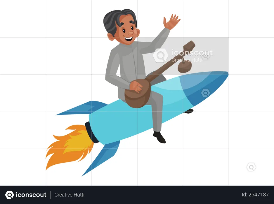 Scientist sitting on rocket and playing the sitar  Illustration