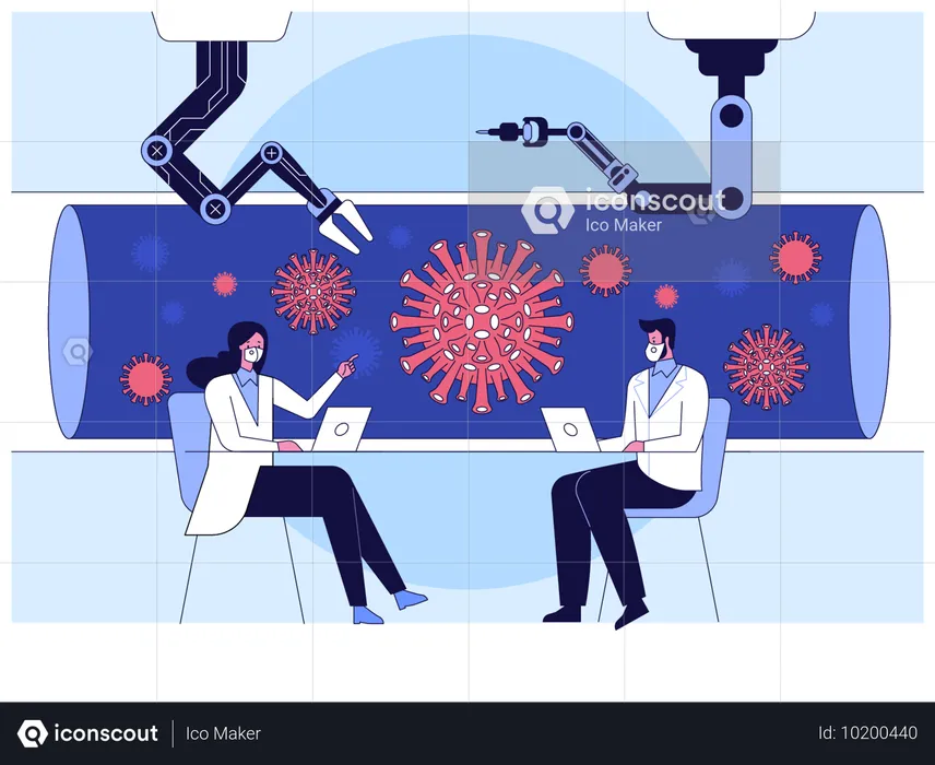 Scientist using help of robotic technology to work with Corona virus  Illustration