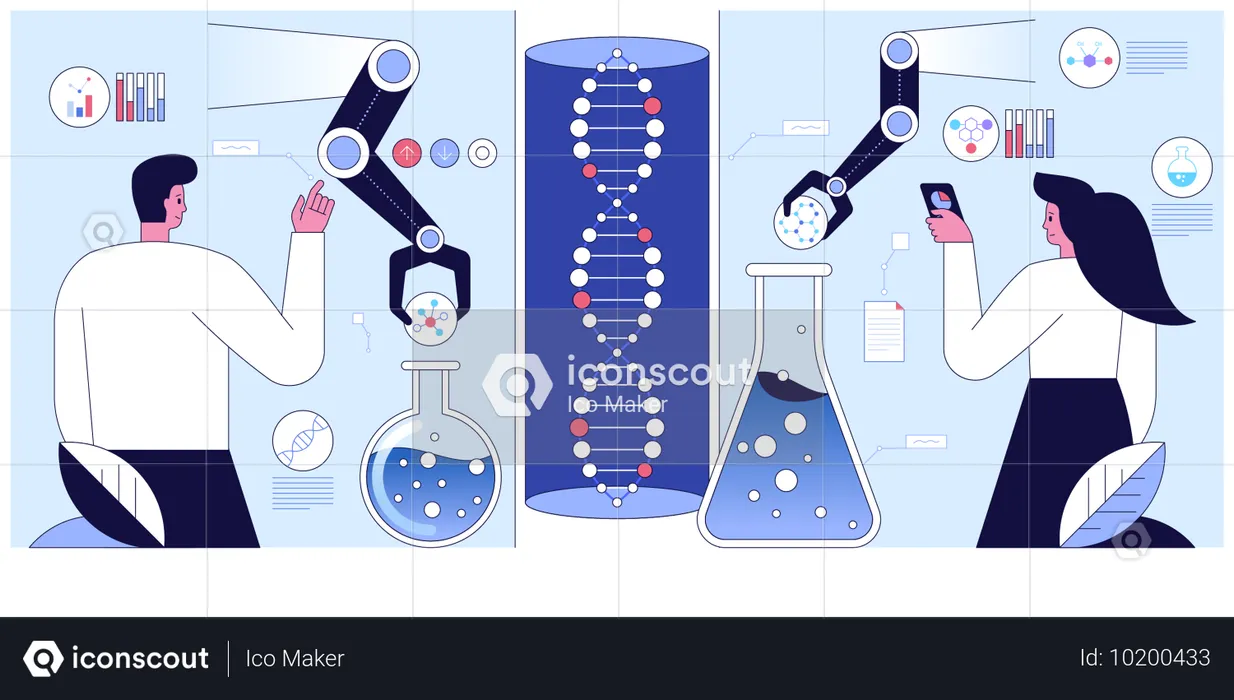 スマートテクノロジーを使ってDNAを扱う科学者  イラスト