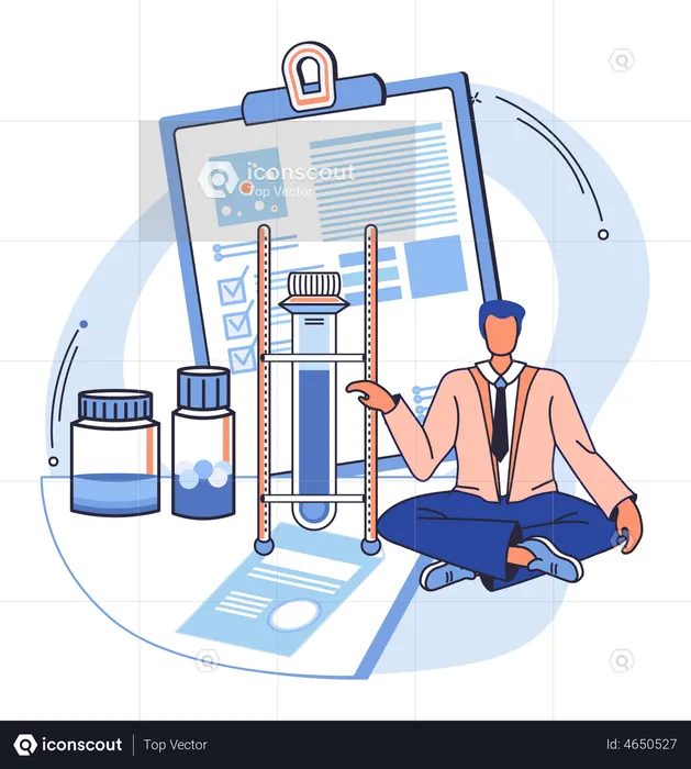 Scientist with flasks and research report  Illustration