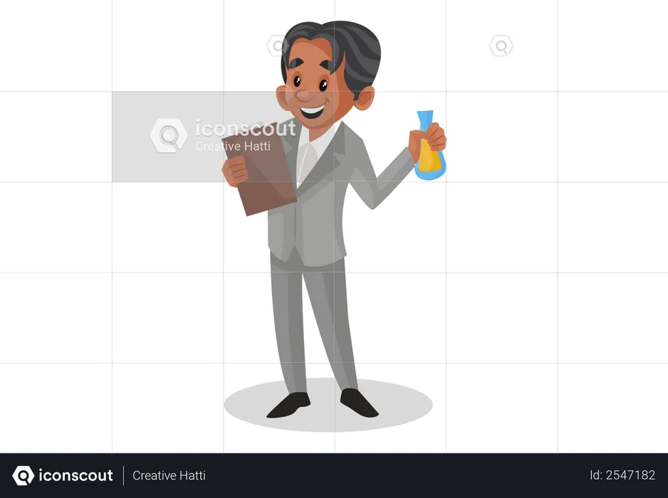 Scientist with report file in one and chemical bottle in another hand  Illustration