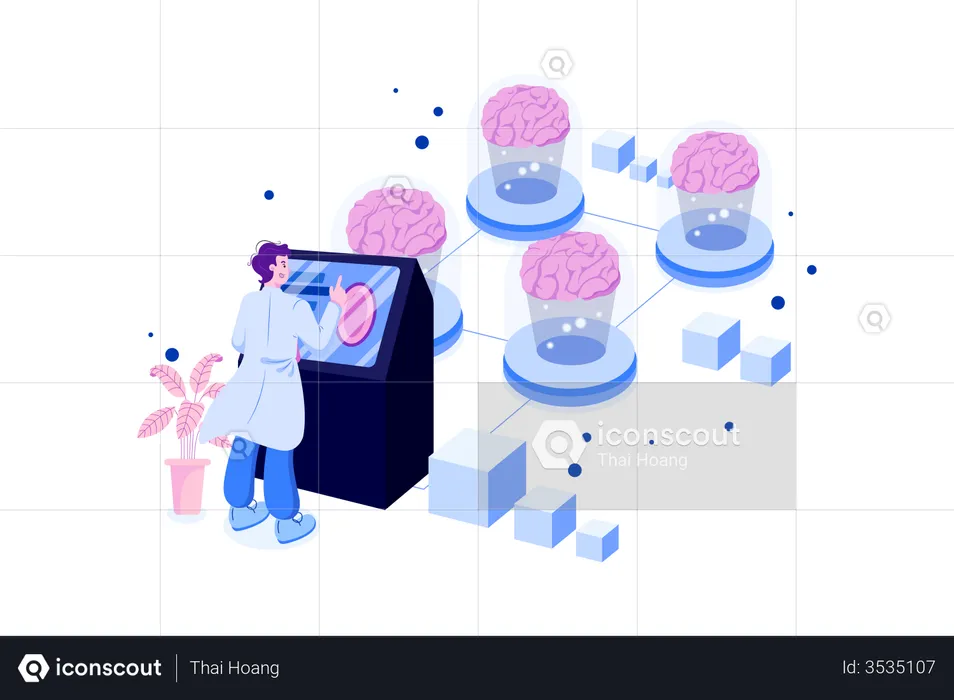 Scientist working on neural network brain programming  Illustration