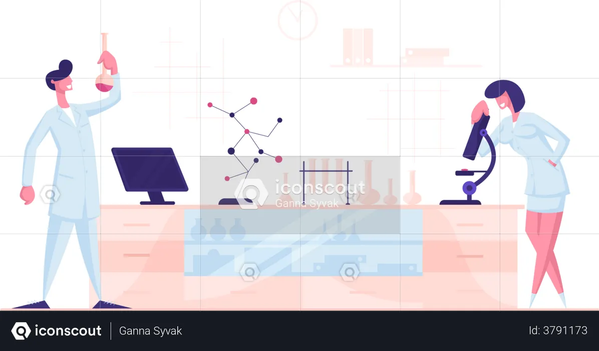 Scientists Conducting Chemical Experiment and Scientific Research in Science Laboratory  Illustration