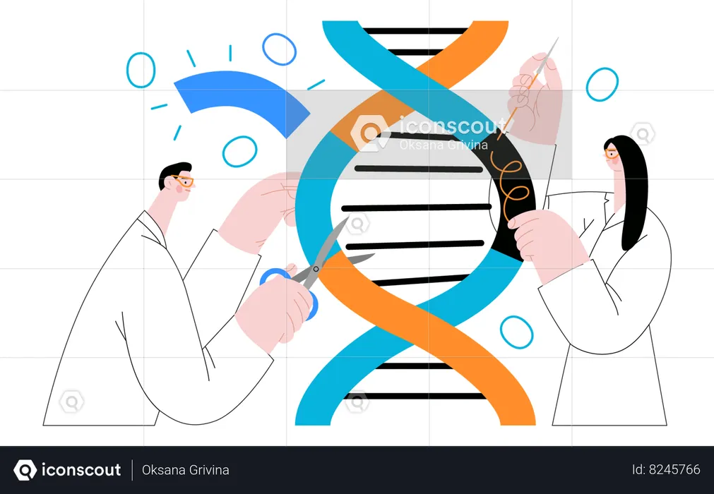 Scientists dissecting DNA double helix  Illustration