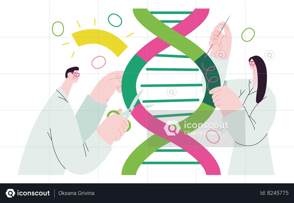 Scientists dissecting DNA double helix  Illustration