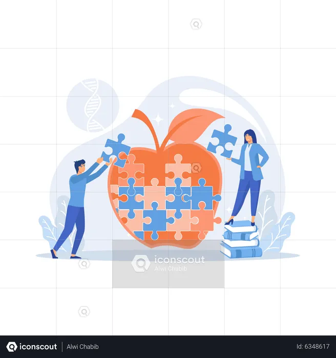 Scientists doing apple jigsaw puzzle  Illustration