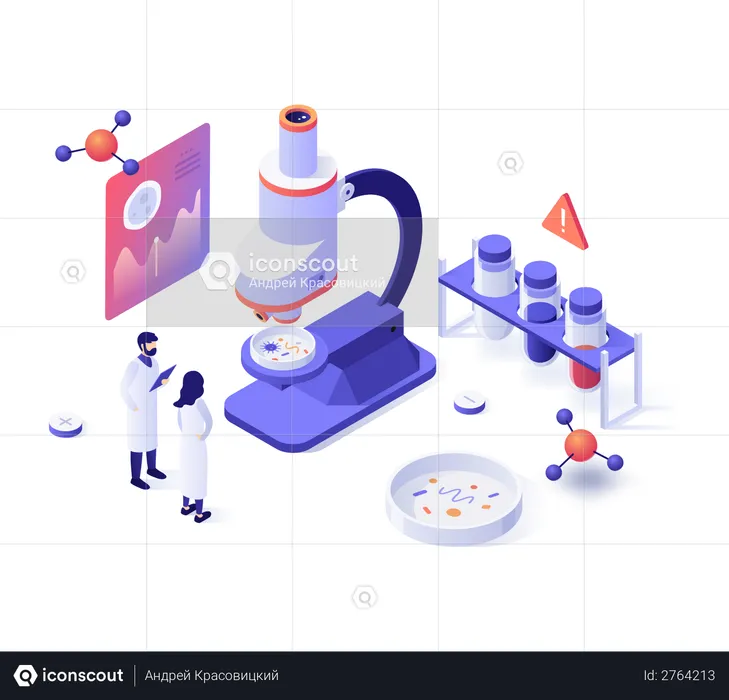 Scientists, test tubes, microscope and Petri dish  Illustration