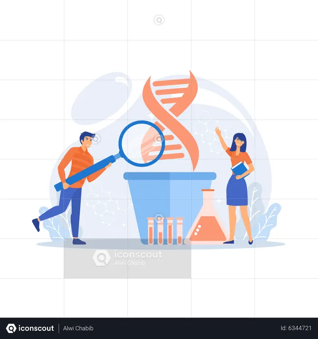 Scientists with magnifier looking at huge DNA in the pot  Illustration